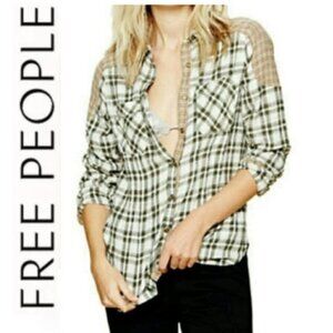Free People Catch Up With Me Mixed Plaid Flannel Shirt Olive Cream size xsmall